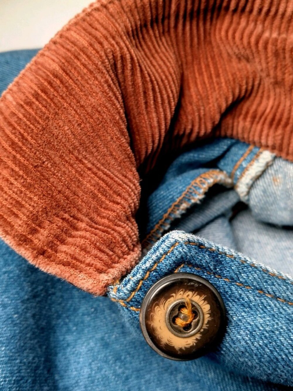 Vintage Denim Jean Jacket Barn Coat Women L XL Brown Corduroy Collar - Picture 9 of 16